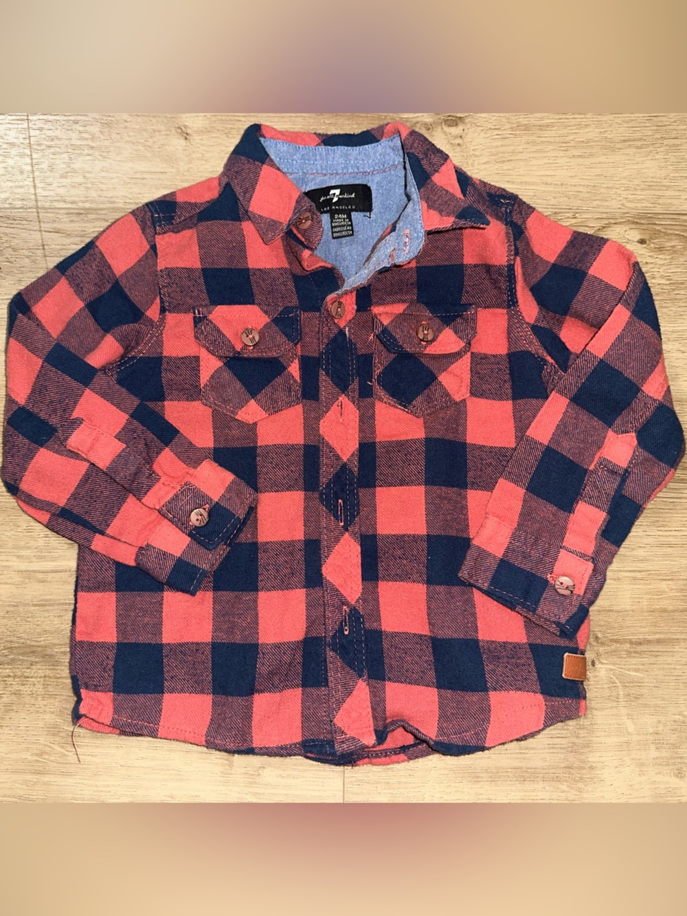 7 For All Mankind Red and Navy Plaid Button-Down Shirt
